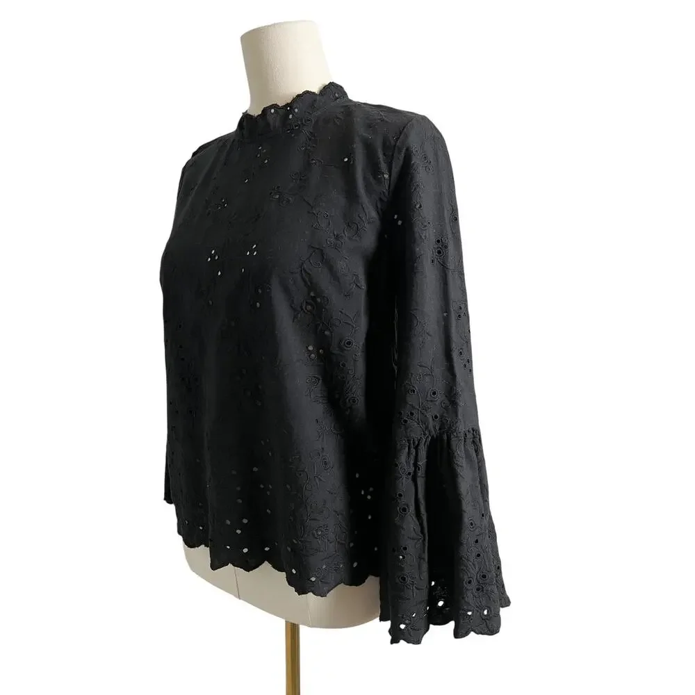 Ulla Johnson Blouse Womens 6 Black Embroidered Eyelet Bell Sleeve Mock Neck Top